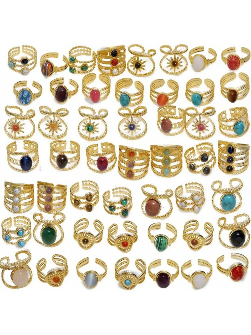 50Pcs Gold-Tone Stainless Steel Rings Set for Women, Wholesale Fashion Jewelry